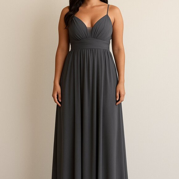 Formal Evening Fancy Dress Gray Sweatheart Deep Neck Line Chiffon Maxi - Sz 8 - Picture 2 of 10